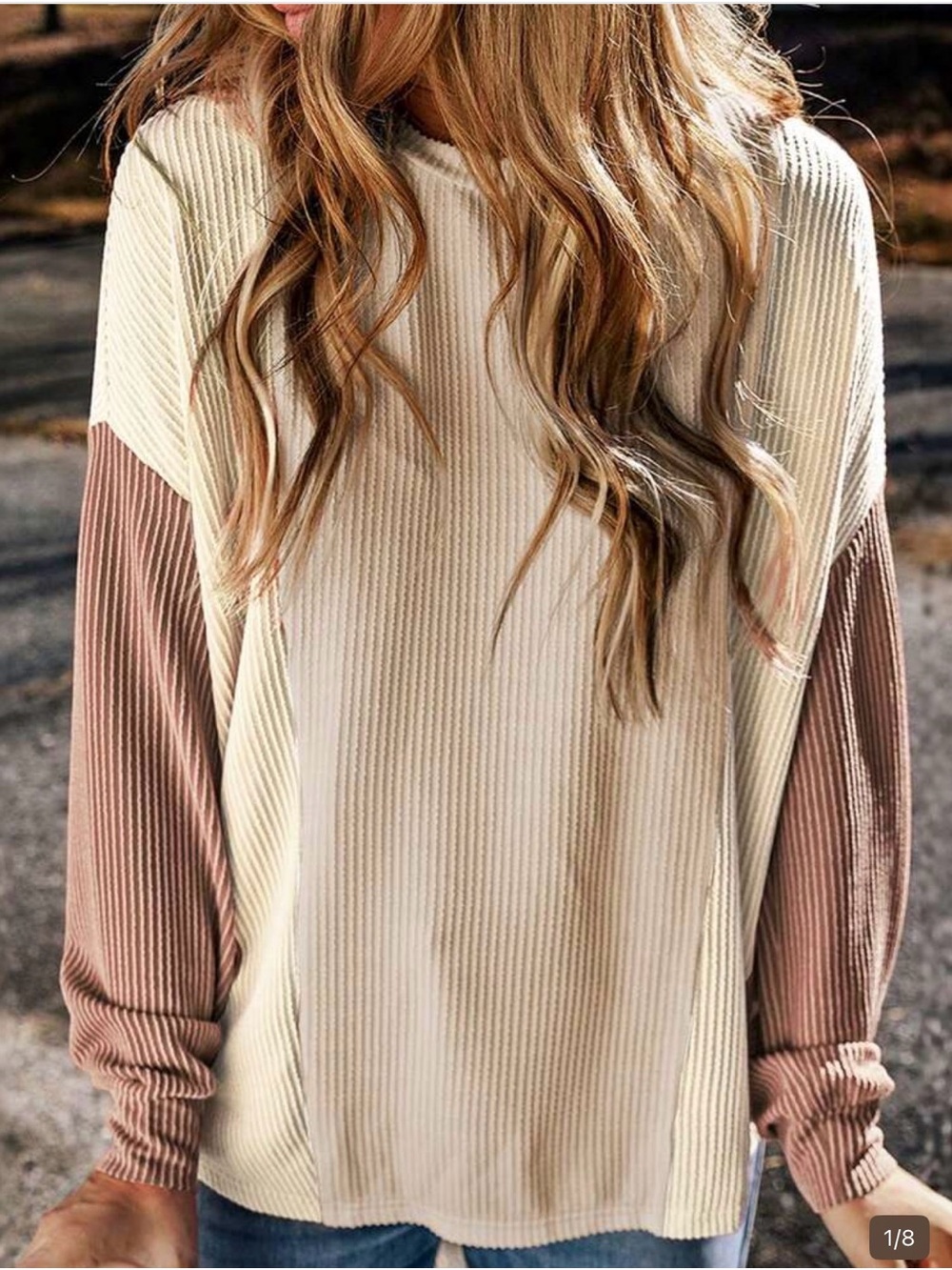 SHEIN Cream Ribbed Long Sleeve Top with Mauve Sleeves
